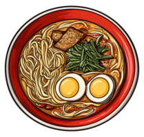 Illustration of a bowl of ramen with a halved egg and green onions, isolated on a transparent background png