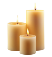 Three burning wax pillar candles isolated on transparent background png