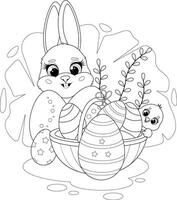 Coloring page. Easter Bunny. And Chick with a Basket and Easter Eggs vector