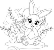 Coloring page. Easter Bunny with a Basket and Easter Eggs vector