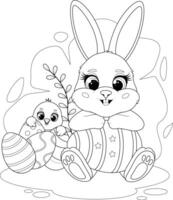 Coloring page. Easter Bunny and Chick with Easter Eggs vector