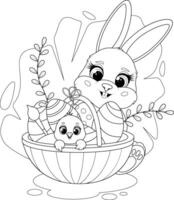 Coloring page. Easter Bunny. And Chick. With a Basket and Easter Eggs vector