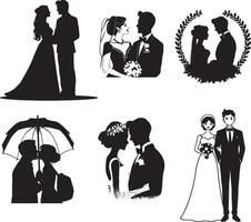 Silhouettes of bride and groom in different poses vector