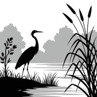 Black and white silhouette of heron vector