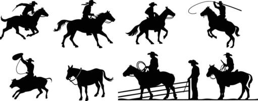 Collection of Black and White Cowboy Silhouette Illustrations on Horses vector