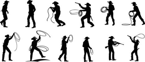 Silhouettes of Cowboys Roping and Working vector