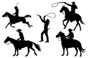 Silhouette of cowboys and horses in various western activities. vector