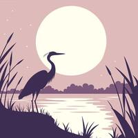 Silhouette of Heron by Moonlight on a Calm Lake vector