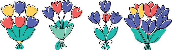 Four colorful tulip bouquets, perfect for spring design projects. vector