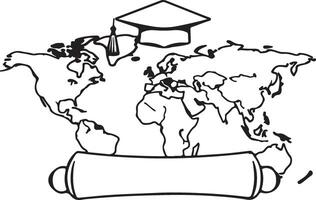 Graduation cap and scroll on a world map vector