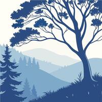 A tree and mountains in blue vector