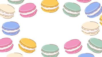 Macarons background with space for text in the middle. Hand drawn colorful flat illustration, macaroons frame or pattern with different flavors. Isolated backdrop. For poster, banner, design vector