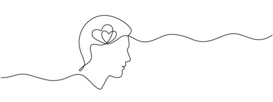Continuous with one linear drawings of the human head with hearts inside. Contour One Line illustration of good mental health, concept -emotional connection, love editing illustration vector