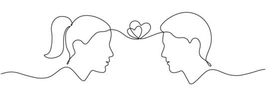 Continuous for one linear drawings of a female and male head with two hearts inside. Contour One Line, the concept of emotional connection, love editing illustration vector