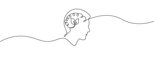 Human head with a plant inside , drawn in one continuous line. Concept of psychotherapy, mental health, problem solving. Symbol of creative ideas, self-help . editable line illustration. vector