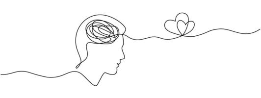 Continuous to one linear drawings of the human head and two hearts. Contour One Line Concept for a mental disorder, search for solution, love and care for a mental disorder. editable illustration vector