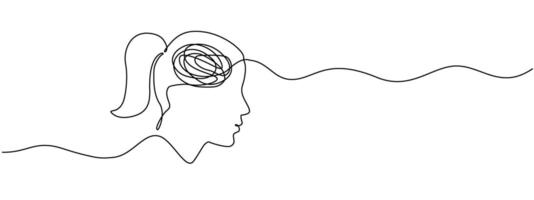 The continuous only linear feature of a woman with confusing thoughts. The concept of problems of mental health, stress, mountain, headaches in a simple linear style. editable illustration vector