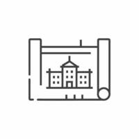 Architectural blueprint illustration showcasing the design of a classic building with intricate details and flat line style vector