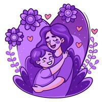 Mother and son hugging in heart shape with flowers vector