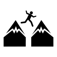 silhouette of a person jumping between two jagged mountain peaks, symbolizing daring adventure and the thrill of overcoming obstacles png