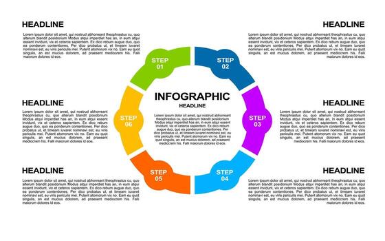 infografía diseño con 6 6 etapas con lleno color para información y presentación. vector