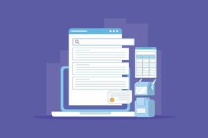 AI based search result concept, Artificial intelligence integrated with search engine, AI search result. AI search application, displaying content based on data. flat cartoon illustration. vector