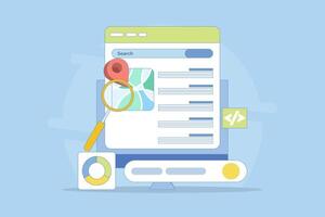 SEO friendly code writing concept for websites, Website code, Search engine optimization strategies for organic ranking. Website ranking on search results, flat illustration in the background. vector