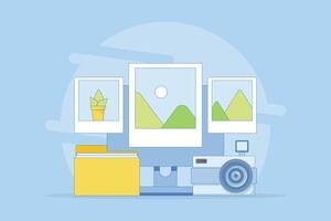 Photo gallery concept, photo on campaign monitor Photo image file display and image storage, Photo gallery image on campaign monitor. Simple flat cartoon design illustration on background. vector