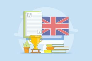 Online English Education Course Concept, PC Computer with Books, Flag, Trophy, Digital Marketing. Webinar, Digital Classroom, Online Teaching Metaphor. Illustration on Isolated Background. vector