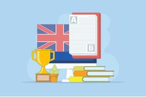 Online English Education Course Concept, PC Computer with Books, Flag, Trophy, Digital Marketing. Webinar, Digital Classroom, Online Teaching Metaphor. Flat design illustration on Background. vector