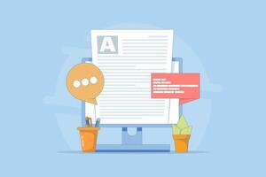 Blog concept, Content Marketing, Blog and SMM concept in flat design. Blog page filled with content. The process of uploading articles and media materials. Cartoon illustration in the background. vector