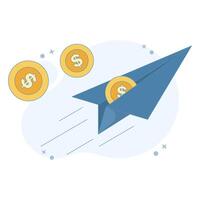 Money Transfer Concept. Paper Plane with Coins. Send and receive money. Online transaction. Money transfer, e-commerce and banking concept. Flat design Illustration design on background. vector