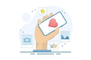 Social media and technology concept with smartphone, such as buttons and geometric shapes, chat. Online social communication app concept. Flat cartoon design illustration on background. vector