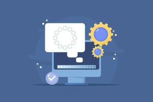 concept of a completed process or progress. successful processing, installation, downloading, or uploading. information and notifications. technology systems in software. flat cartoon illustration. vector