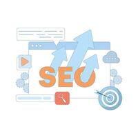 SEO Optimization Concept. Computer with Target and Graphics. Social Media Marketing. Search Engine with Laptop Computer Search Input. Flat Design Illustration Design on Background. vector