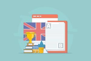 Online English Education Course Concept, PC Computer with Books, Flag, Trophy, Digital Marketing. Webinar, Digital Classroom, Online Teaching Metaphor. Design Illustration on Background. vector