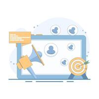 Digital Marketing Concept. Tablet with Megaphone and Target Arrow. Online promotional advertising campaign, mobile app advertising content, social networks. Flat Illustration Design on background. vector