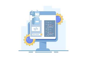 Artificial intelligence coding concept, code development automation, AI code assistance, AI agent coding, robot coding itself. Using AI bots to write programming code. Flat design illustration vector