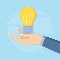 Business Idea Concept. Hand with Light Bulb Idea. From idea to reality, light bulb with Idea, curiosity, seeking success. Idea Validation. Flat Illustration Design on background. vector