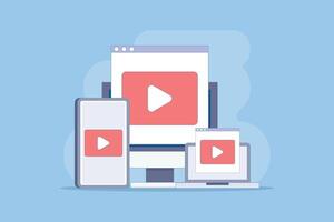 Live streaming concept, vlog broadcasting. playing online , watching live , digital content. watching live broadcast on social networks. flat cartoon illustration in the background. vector