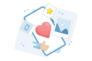 Social media and technology concept with smartphone, such as buttons and geometric shapes, chat. Online social communication app concept. Flat design illustration on background. vector