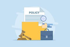 Legal Policy Concept. Legal Notice Document with Judge's Hammer. Legal Notice Document with Judge's Hammer. Corporate documents, agreement review and protection. Cartoon design on background. vector