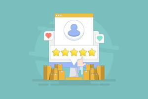 Customer rating and reviews concept, Product Rating by customers, 5 star rating for products and services. User reviews with good and bad ratings. Flat illustration on background. vector