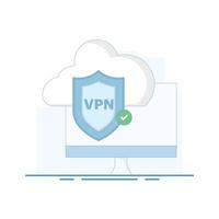 Secure VPN Concept. Cloud with VPN Shield. Online privacy and security protection using VPN. protect personal digital data. Flat Illustration Design on background. vector