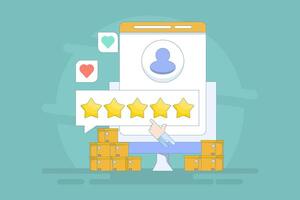 Customer rating and reviews concept, Product Rating by customers, 5 star rating for products and services. User reviews with good and bad ratings. Cartoon flat illustration on background. vector