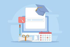 Online Education Concept on E-learning Application Website Internet Class Webinar Digital Class Online Tutorial. about application learning, education platform. flat cartoon illustration. vector