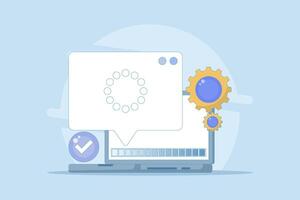 concept of a completed process or progress. successful processing, installation, downloading, or uploading. information and notifications. technology systems in software. cartoon design illustration. vector