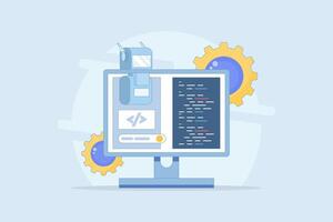 Artificial intelligence coding concepts, code development automation, AI code assistance, AI agent coding, coding the robot itself. Using AI bots to write programming code. vector