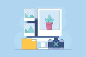Photo gallery concept, photos on campaign monitor Photo image file display and image storage, Photo gallery image on campaign monitor. Modern flat style design illustration on background. vector