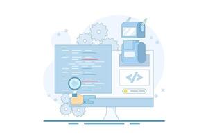 Artificial intelligence coding concept, code development automation, AI code assistance, AI agent coding, robot coding itself. Using AI bots to write programming code. Flat illustration. vector